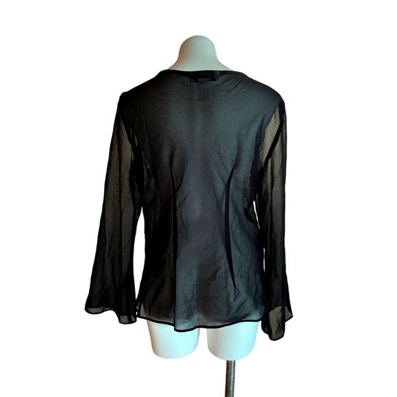 Elegant Vintage 90s Sheer Black Cocktail Jacket Beaded Ruffle Front Long Sleeve - Picture 6 of 8